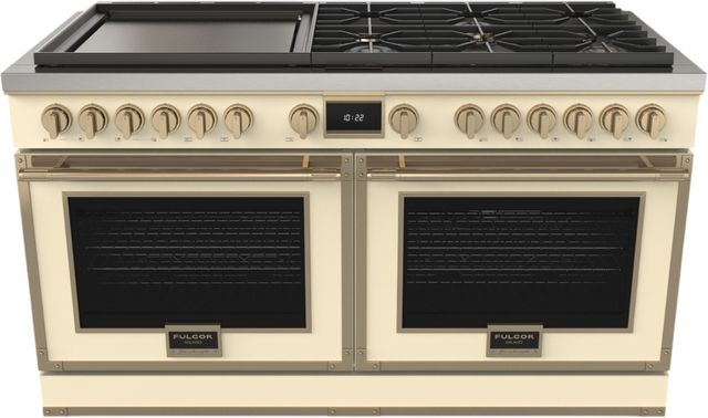 Fulgor Milano® Evoque 400 Series 60" Glossy Ivory Pro Style Dual Fuel Hybrid Range with Brushed Brass Trim -0