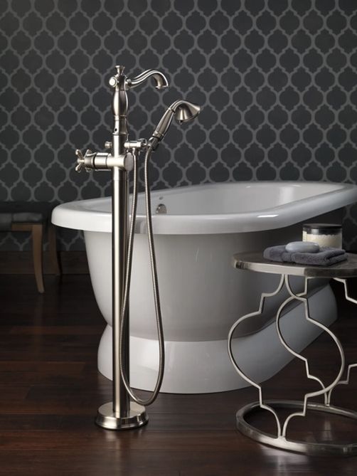 Delta Cassidy® Stainless Single Handle Floor Mount Tub Filler Trim with Hand Shower -4