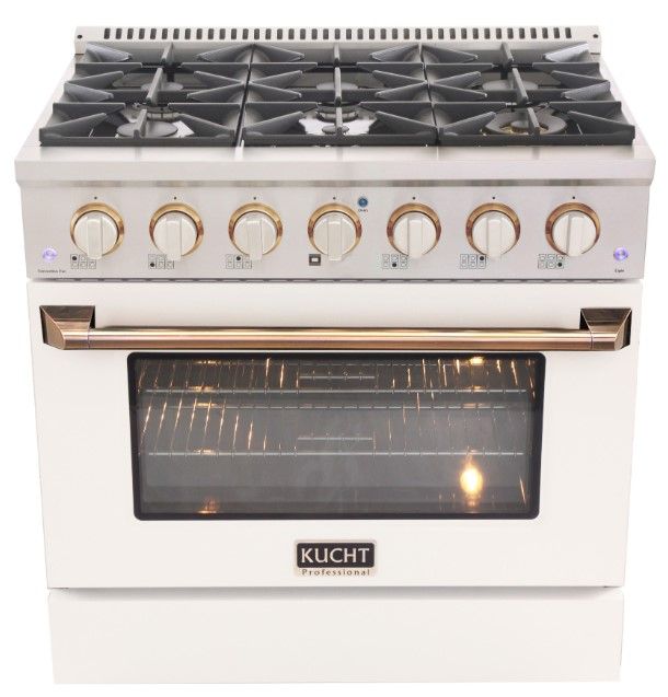 Kucht Professional KNG Series 36" Stainless Steel Pro Style Natural Gas Range with White Door and Gold Handle-0