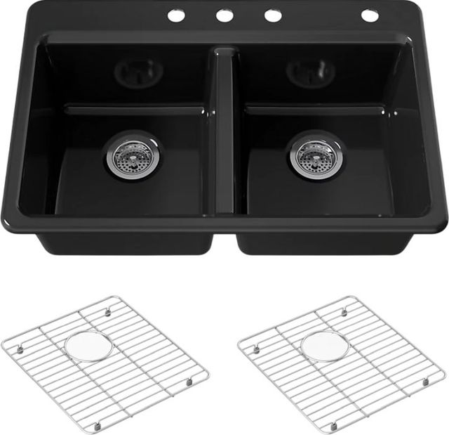 KOHLER® Riverby® Black 33" 4-Faucet Hole Top-Mount Double-Equal Bowl Kitchen Sink-0