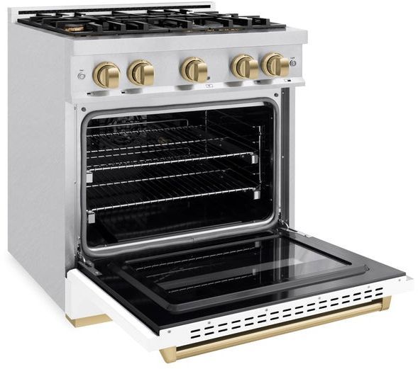 ZLINE Classic Autograph Edition 30" Satin Stainless Steel Pro Style Gas with White Matte Door and Champagne Bronze Accents-3