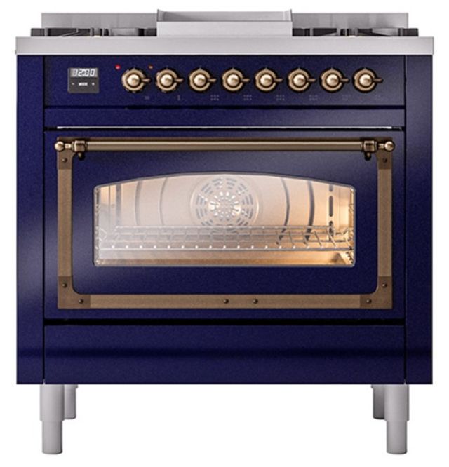 Ilve® Nostalgie II Noblesse 36'' Midnight Blue Pro Style Dual Fuel Range with Burnished Trim-1