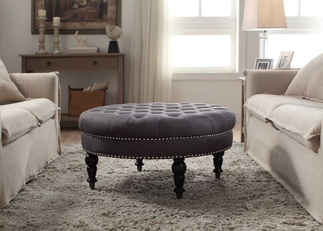Linon Isabelle Charcoal Round Tufted Ottoman-2