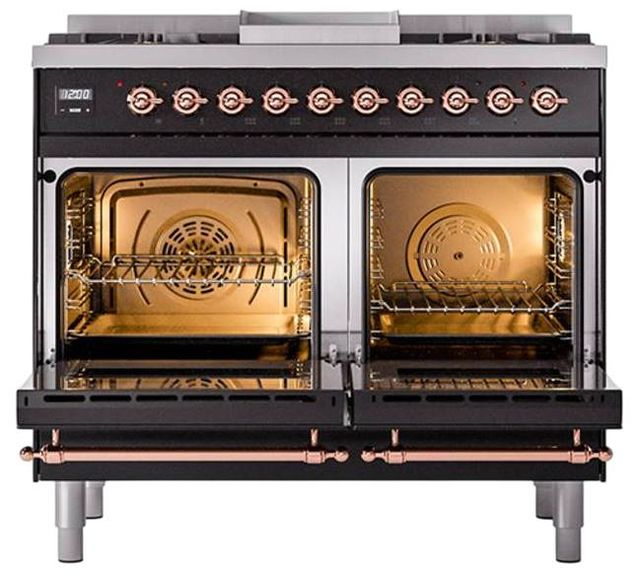 Ilve® Nostalgie II Noblesse 40'' Glossy Black Pro Style Dual Fuel Range with Copper Trim-2