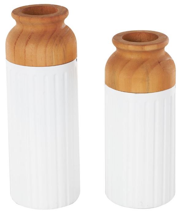 Deco Marche 2-Piece White Metal Decorative Vase with Brown Wood Tops Set-1