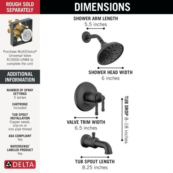 Delta Broderick® 17T Series Matte Black Tub Shower Trim-1