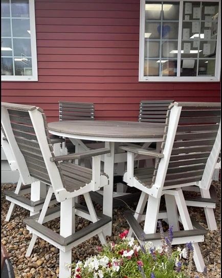 Creekside 60" Round Bar Height Table with 6 Roll Back Swivel Bar Chairs, woodgrain-0