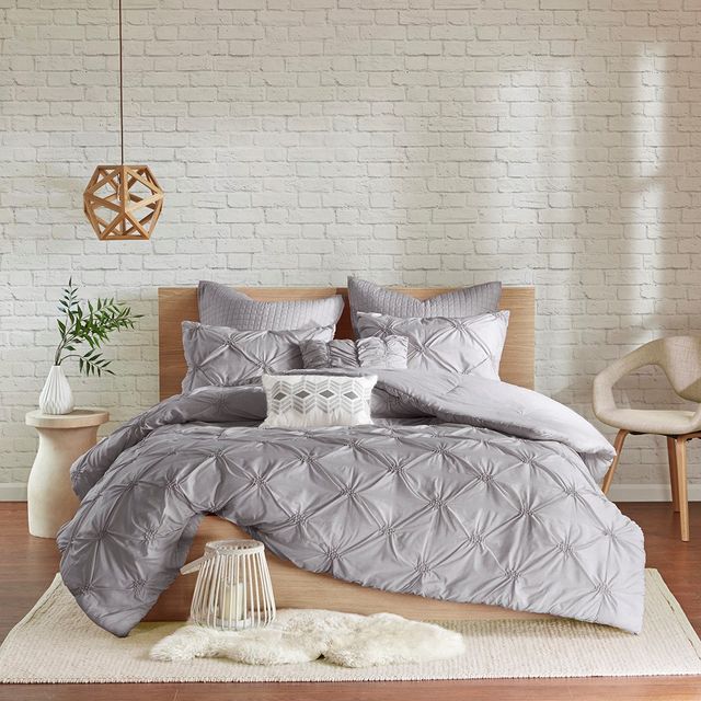 Olliix by Urban Habitat Talia 7 Piece Grey Full/Queen Elastic Embroidered Chambray Comforter Set-2