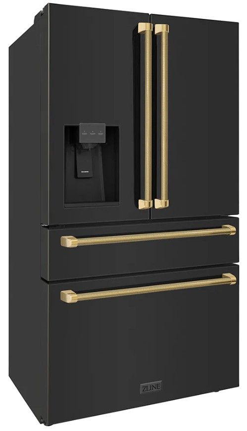 ZLINE Autograph Edition 36" 21.6 Cu. Ft. Fingerprint-Resistant Black Stainless Steel Counter Depth French Door Refrigerator with Ice/Water Dispenser and Polished Gold Helix Handles-3