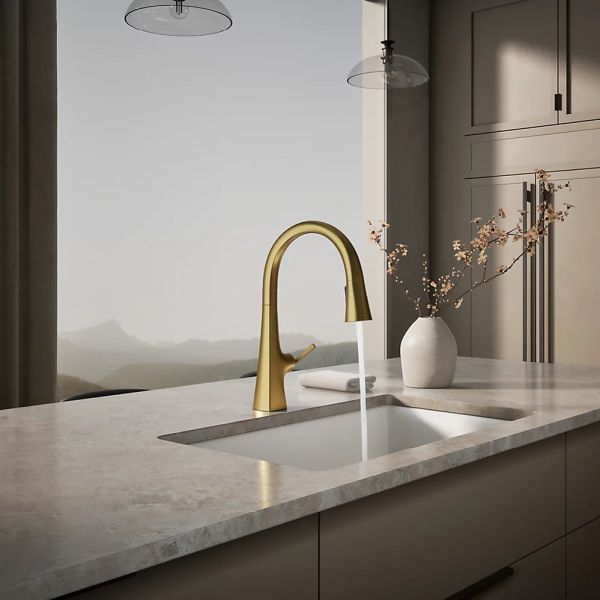 KOHLER® Graze® Vibrant Brushed Moderne Brass Touchless Kitchen Sink Faucet with 3-Function Sprayhead-2