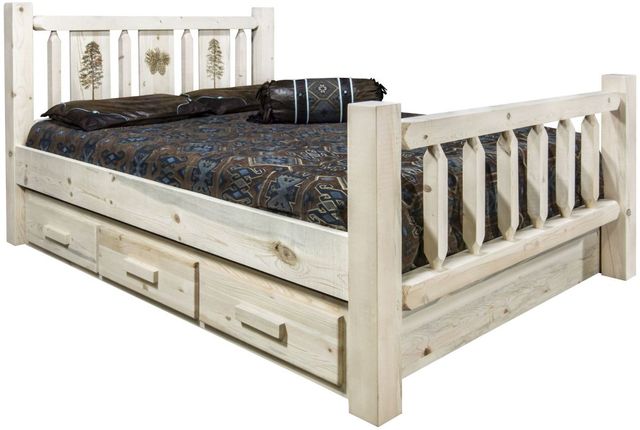 Montana Woodworks® Homestead Ready to Finish Queen Storage Bed with Laser Engraved Pine Design-0