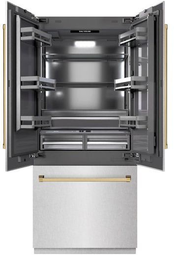 ZLINE Autograph Edition 36" 19.8 Cu. Ft Satin Stainless Steel Built In French Door Refrigerator with Polished Gold Accents-2