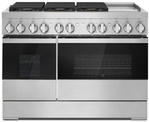 Front view of the JennAir® NOIR™ 48" Stainless Steel Pro Style Dual Fuel Natural Gas Range