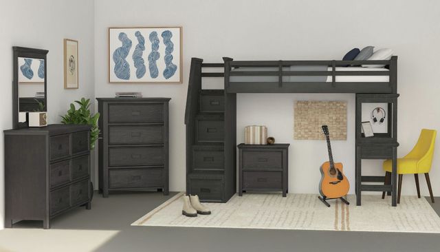 Elements International Hampton Kids Charcoal Youth Twin Loft Bed with Staircase and Desk-1