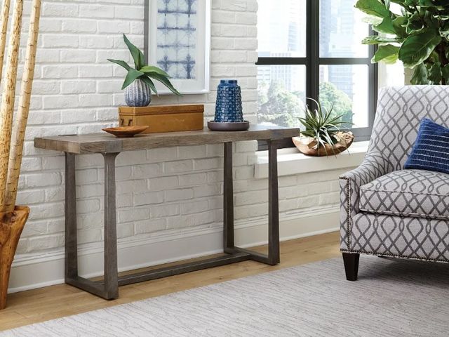 Hammary® Timber Forge Light Brown Sofa Table with Aged Natural Silver Base-1