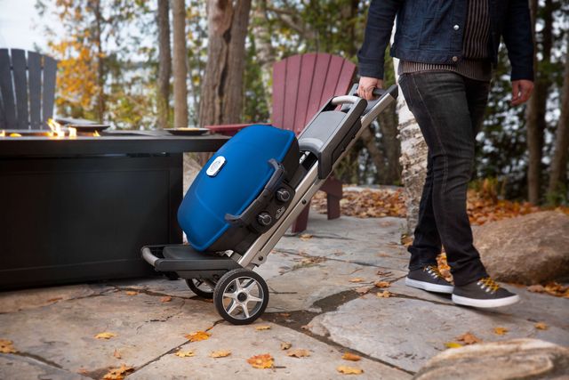 Front view of a man and his folded up, portable grill at an outdoor campsite