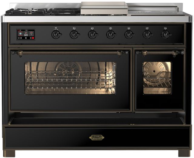 Ilve® Majestic III 48" Glossy Black Pro Style Dual Fuel Liquid Propane Range with 5 Black Brass Burners and Burnished Trim-1