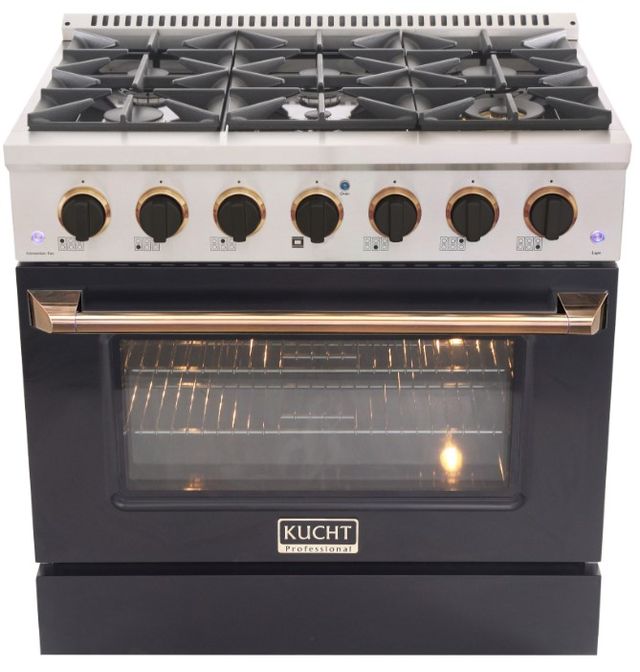 Kucht Professional KDF Series 36" Stainless Steel Pro Style Dual Fuel Range with Black Door and Gold Handle-0