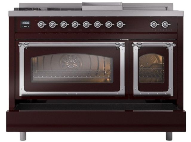 Ilve® Nostalgie II Noblesse 48'' Burgundy Pro Style Dual Fuel Range with Chrome Trim-3