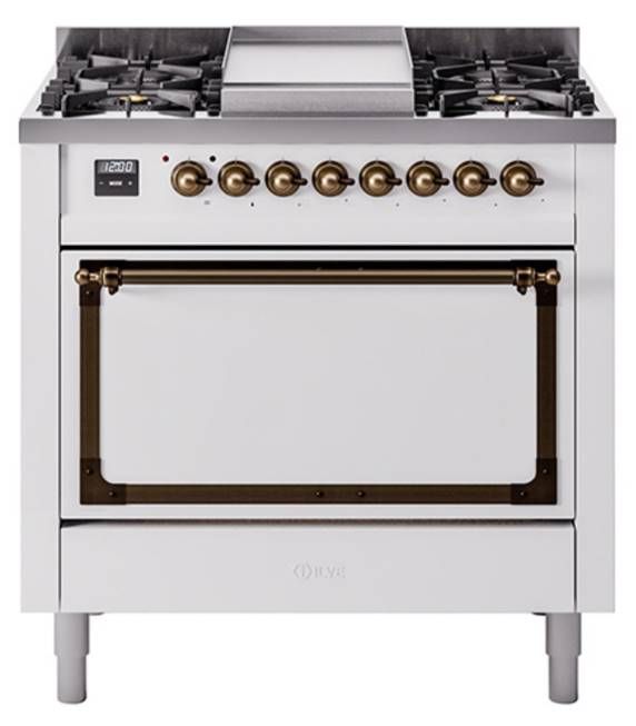 Ilve® Nostalgie II Noblesse 36'' White Pro Style Dual Fuel Range with Burnished Trim-0