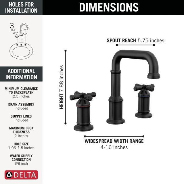 Delta Broderick® Matte Black 2-Handle Cross Widespread Bathroom Faucet-1