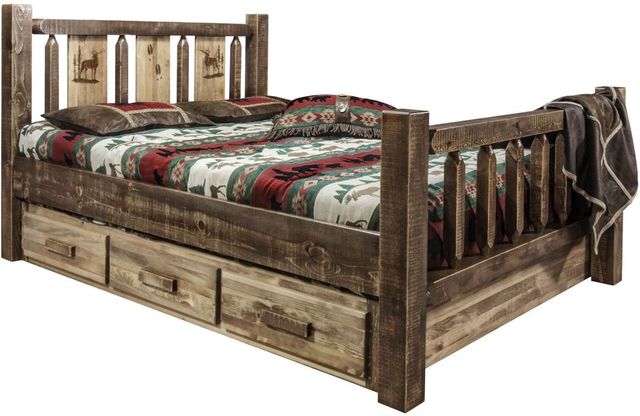 Montana Woodworks® Homestead Stain & Clear Lacquer King Storage Bed with Laser Engraved Elk Design-0