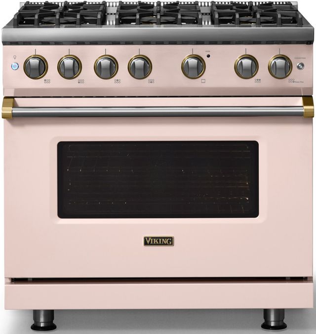 Viking® 5 Series 36" Blush Pro Style Gas (LP) Range with Brushed Brass Trim-3