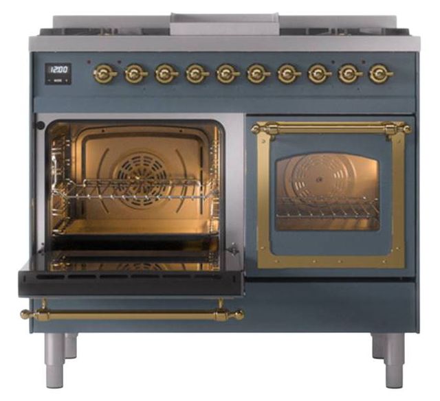 Ilve® Nostalgie II Noblesse 40'' Blue Gray Pro Style Dual Fuel Range with Brass Trim-3