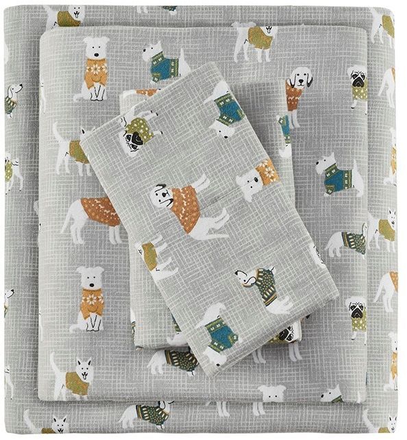 Olliix by True North by Sleep Philosophy Grey Dogs Full Cozy 100% Cotton Flannel Printed Sheet Set-0