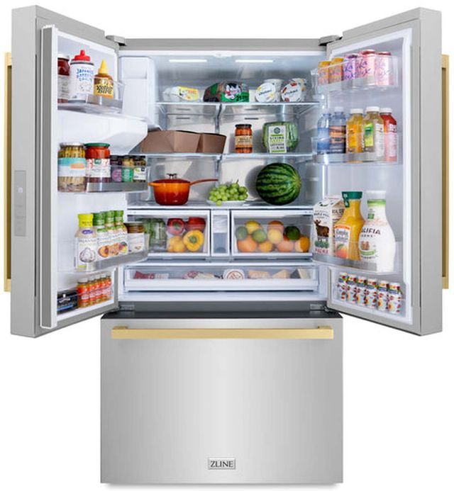 ZLINE Autograph Edition 36" 28.9 Cu. Ft. Stainless Steel Freestanding French Door Refrigerator with Dual Ice Maker and Champagne Bronze Modern Handle-3