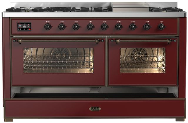 Ilve® Majestic III 60" Burgundy Pro Style Dual Fuel Natural Gas Range with Triple Glass Door and Burnished Trim-1