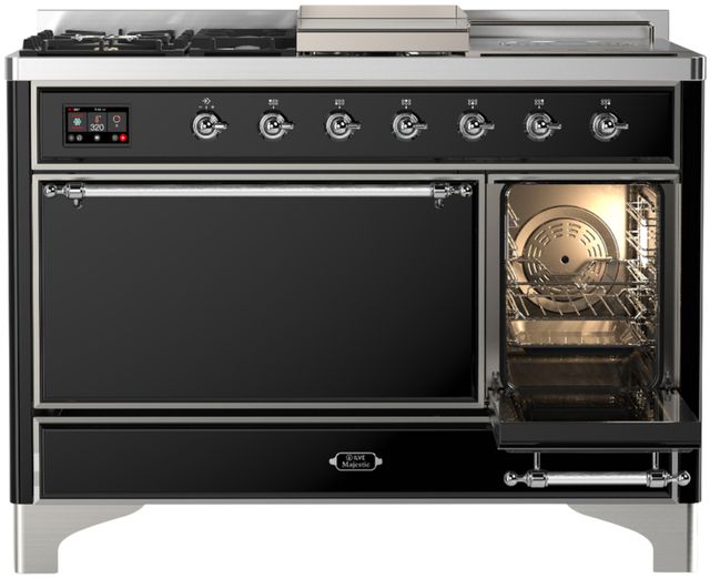 Ilve® Majestic III 48" Glossy Black Pro Style Dual Fuel Liquid Propane Range with French Top and Chrome Trim-3