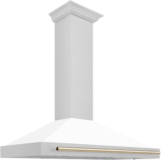 ZLINE Autograph Edition 48" Fingerprint Resistant Satin Stainless Steel Convertible Wall Mounted Range Hood with White Matte Shell and Polished Gold Handle-3