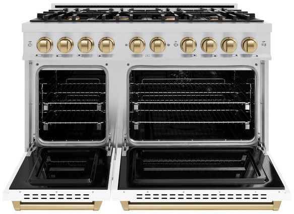 ZLINE Classic Series Autograph Edition 48" Stainless Steel Pro Style Dual Fuel Range with White Matte Door and Champagne Bronze Accents-3