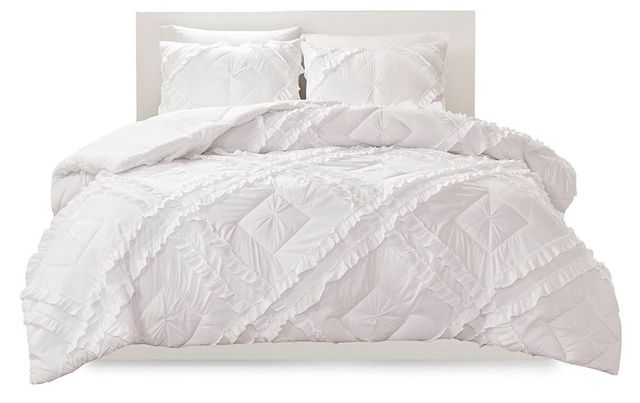 Olliix by Intelligent Design Kacie White Full/Queen Solid Coverlet Set with Tufted Diamond Ruffles-0
