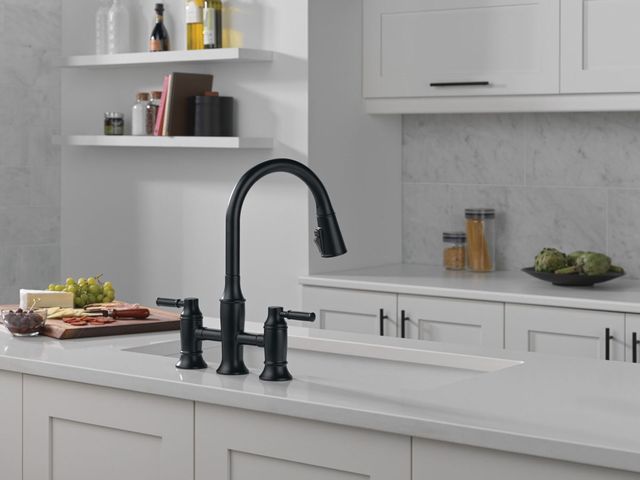 Delta Renaldi® Matte Black Two Handle Bridge Kitchen Faucet-1