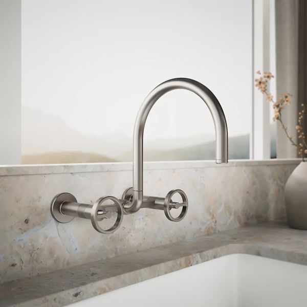 KOHLER® Billet® Vibrant Stainless 12" 2-Hole Wall-Mount Bridge Kitchen Sink Faucet with Round Handles-1