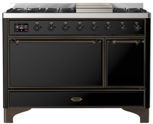 Ilve® Majestic III 48" Glossy Black Pro Style Dual Fuel Liquid Propane Range with Solid Door and Burnished Trim-0