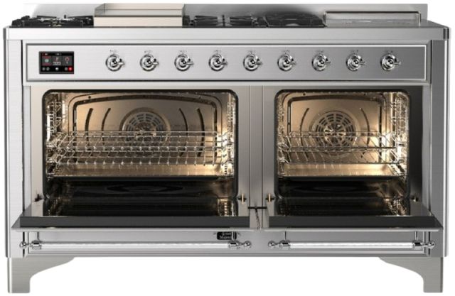 Ilve® Majestic III 60" Stainless Steel Pro Style Dual Fuel Natural Gas Range with French Top and Chrome Trim-1