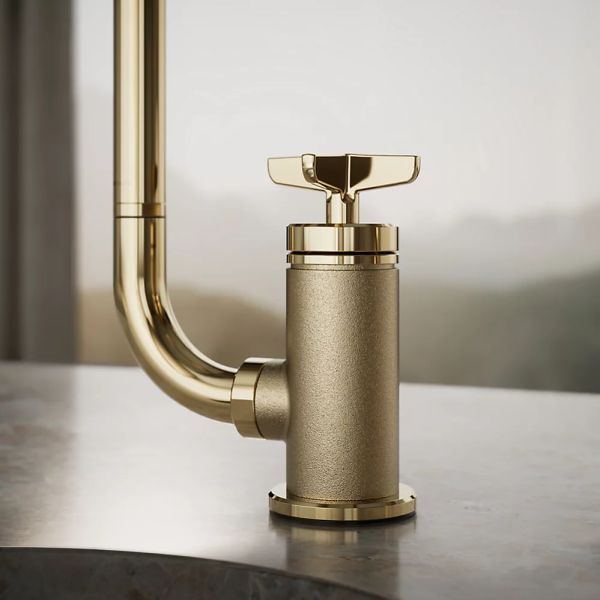 KOHLER® Billet® Vibrant French Gold Single Cross-Handle Bar Sink Faucet with 2-Function Extended-Reach Spout and Side Sprayer-3