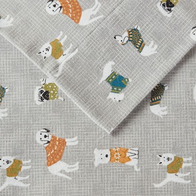 Olliix by True North by Sleep Philosophy Grey Dogs King Cozy 100% Cotton Flannel Printed Sheet Set-2