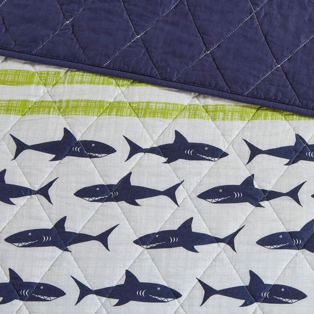 Olliix by Urban Habitat Kids Finn Green/Navy Full/Queen Shark Cotton Reversible Coverlet Set-3