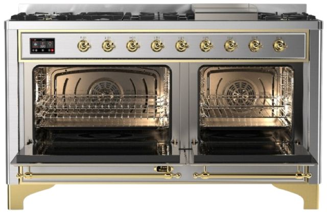 Ilve® Majestic III 60" Stainless Steel Pro Style Dual Fuel Liquid Propane Range with Solid Door and Brass Trim-1