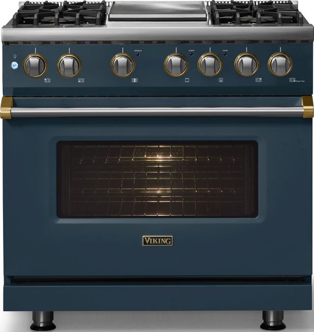 Viking® 5 Series 36" Squall Pro Style Dual Fuel (NG) Range with Brushed Brass Trim-2
