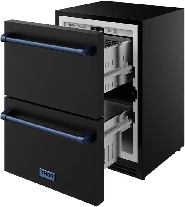 Thor Kitchen Gordon Ramsay Collection 3.4 Cu. Ft. Anti-Fingerprint Black Under the Counter Freezer Drawer with Blue Handle-4