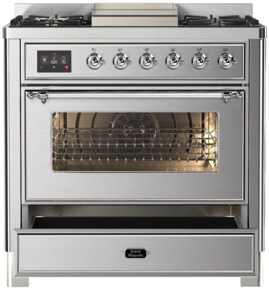 Ilve® Majestic III 36'' Stainless Steel Pro Style Dual Fuel Natural Gas Range with Triple Glass Door and Chrome Trim-1