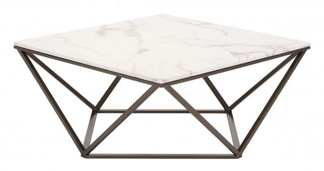 Zuo® Modern Tintern White Marble Coffee Table with Antique Brass Base-2