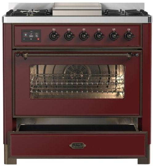 Ilve® Majestic III 36" Burgundy Pro Style Dual Fuel Liquid Propane Range with 6 Black Brass Burners and Burnished Trim-2