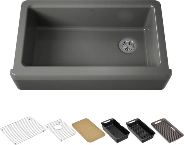KOHLER® Riverby® Thunder Gray 36" Undermount Single-Bowl Farmhouse Workstation Kitchen Sink with Accessories-0