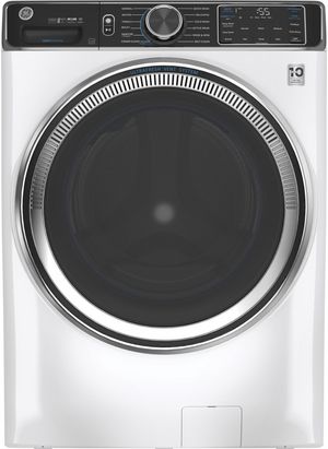 front view of the GE® 5.0 Cu. Ft. White Smart Front Load Washer